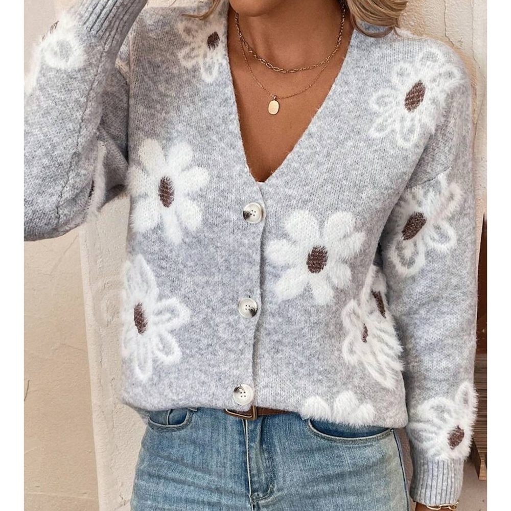 Grey Cardigan Knit Flower Textured Button Front - Picture 1 of 9
